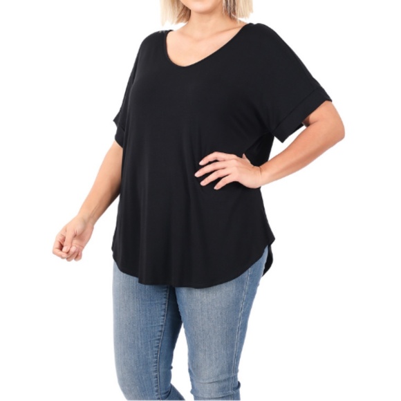 Zenana Womens Plus Size Black V-Neck T-Shirt with Drop Shoulder, Size 1X and 2X - Picture 6 of 7